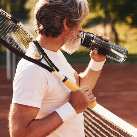Man resting with a tennis racket at a net