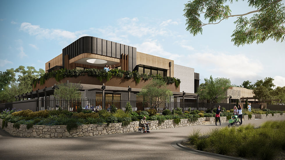Modern architectural building surrounded by lush trees and landscaped gardens