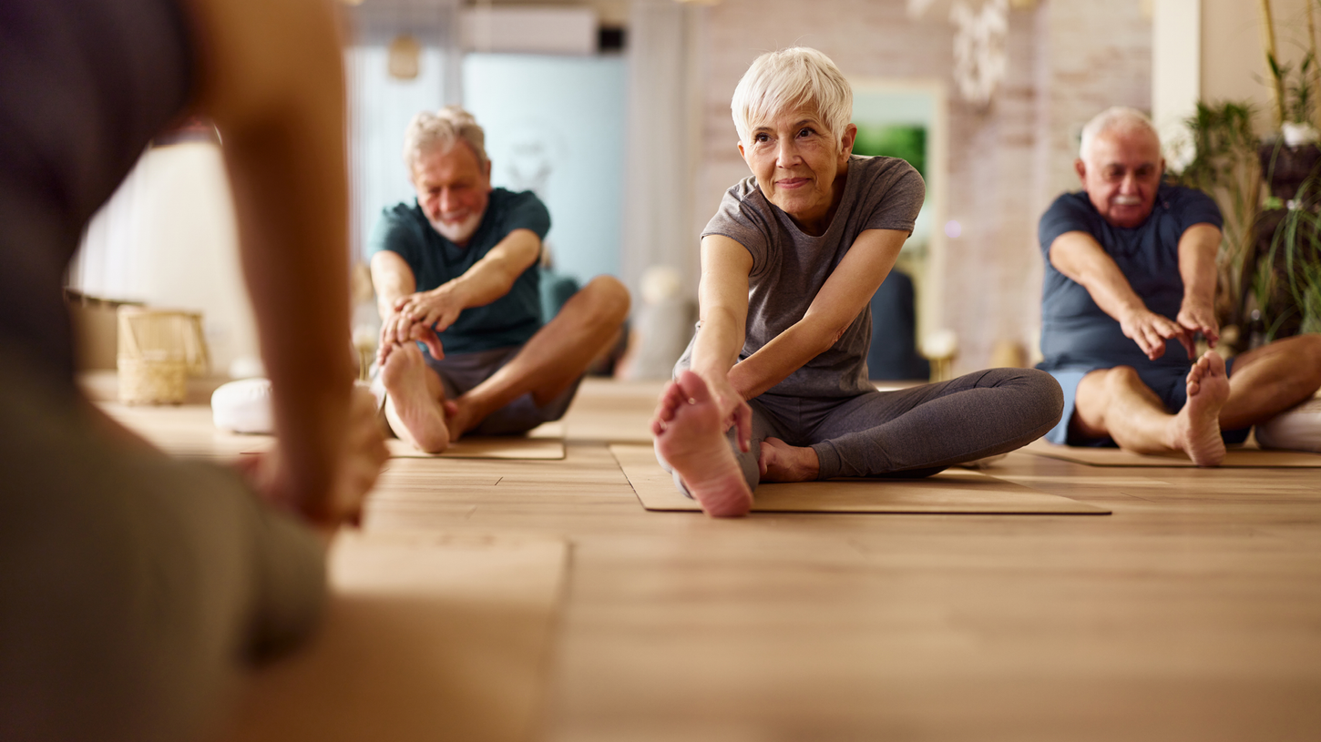 Senior group doing seated stretching exercises in a yoga class